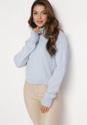 Jasnoniebieski Klasyczny Golf z Prążkowanymi Wstawkami Bishaya. Niebieskie swetry Born2be, m, bez wzorów, prążkowane, eleganckie, bez ramiączek. W wyprzedaży za 67.99 zł.