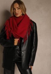 Bordowy Bawełniano-Wiskozowy Szalik w Kształcie Trójkąta z Frędzlami Vetisara. Czerwone szaliki i kominy Renee, bez wzorów, z bawełny. Za 39.99 zł.