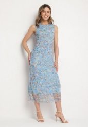 Niebieska Koktajlowa Taliowana Sukienka w Kwiaty z Wiskozową Podszewką Lidra. Niebieskie sukienki Born2be, na co dzień, m, z aplikacjami, z jeansu, eleganckie, bez kołnierzyka, bez ramiączek, maxi. W wyprzedaży za 76.49 zł.