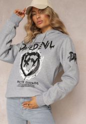 Jasnoszara Bluza z Polarem i Nadrukiem Thalindra. Szare bluzy Renee, xl, bez wzorów, z dzianiny, eleganckie, bez ramiączek, z kapturem. W wyprzedaży za 63.99 zł.