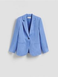 Lniana marynarka - niebieski. Niebieskie marynarki i żakiety Reserved, l, bez wzorów, z tkaniny, bez ramiączek. Za 259.99 zł.