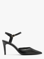 Czarne czółenka damskie z odkrytą piętą. Czarne czółenka Ryłko, bez wzorów, ze skóry, bez obcasa, na szpilce, bez zapięcia. W wyprzedaży za 229.99 zł.