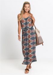 Długa sukienka z rozcięciami po bokach. Brązowe sukienki bonprix, bez wzorów, z materiału, bez kołnierzyka, bez ramiączek, maxi, dopasowane. Za 127.99 zł.