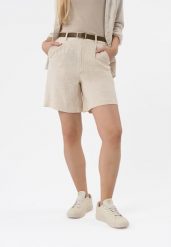 Szorty z lnem P-ELYS. Brązowe szorty Volcano, bez wzorów, ze lnu. Za 139.99 zł.