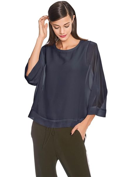 Heine Bluzka w kolorze granatowym rozmiar: 44/46. Niebieskie bluzki Heine, bez wzorów, bez kołnierzyka, bez ramiączek. Za 105.14 zł.