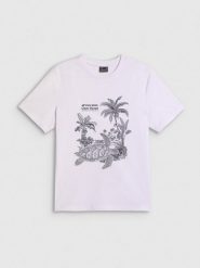 4F T-shirt relaxed z nadrukiem damski - biały L. Białe t-shirty 4f, l, bez wzorów, z bawełny, klasyczne, bez kołnierzyka, bez ramiączek. Za 59.99 zł.