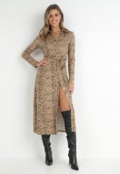 Beżowa Sukienka Anastyle. Brązowe sukienki Born2be, m, z aplikacjami, z dzianiny, bez kołnierzyka, bez ramiączek, midi, koszulowe. W wyprzedaży za 153.99 zł.