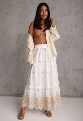 Biało-Beżowa Bawełniana Spódnica Casual w Stylu Boho Ozdobiona Wycięciami i Haftowanymi Wzorami Hermat. Brązowe spódnice Renee, na co dzień, l, z aplikacjami, z bawełny, boho, maxi, dopasowane. Za 129.99 zł.