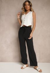Czarne Spodnie z Wiskozy High Waist Ozdobione Paskami Linariena. Czarne jeansy Renee, bez wzorów, z jeansu, eleganckie, z podwyższonym stanem. W wyprzedaży za 29.99 zł.