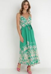 Zielona Sukienka Astippe. Zielone sukienki Born2be, m, bez wzorów, bez kołnierzyka, bez ramiączek, maxi, kopertowe. Za 149.99 zł.