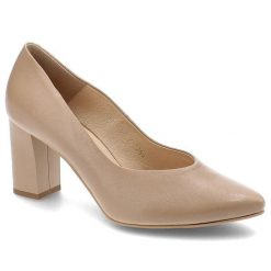 Beżowe Czółenka Clasicco Eleganckie Skórzane Buty. Brązowe czółenka Clasicco, z aplikacjami, z materiału, eleganckie, bez obcasa, na słupku, bez zapięcia. Za 309.00 zł.