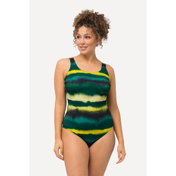 Damskie Kostium kąpielowy paski batikowe bez miękkich miseczek okrągły dekolt. Zielone stroje jednoczęściowe Ulla Popken, bez wzorów, z elastanu, sportowe. Za 199.99 zł.