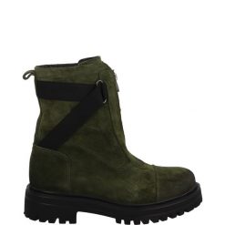 BOTKI DAMSKIE 6428 SUE GREEN. Zielone botki Venezia, bez wzorów, ze skóry, bez obcasa, bez zapięcia. Za 349.00 zł.
