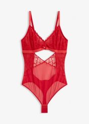 Body ze stringami, z koronki ze wzorem w serca. Czerwone body i gorsety bonprix, bez wzorów, z koronki, bez ramiączek. Za 79.99 zł.