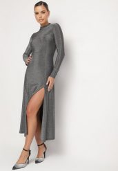 Srebrna Sukienka z Wiskozą Ozdobiona Brokatem w Eleganckim Stylu Werirra. Szare sukienki Born2be, l, bez wzorów, z materiału, eleganckie, bez kołnierzyka, bez ramiączek, maxi. W wyprzedaży za 118.99 zł.