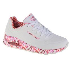 Buty do chodzenia damskie, Skechers Uno-Loving Love. Białe buty treningowe Skechers, bez wzorów, z materiału, przed kostkę, bez zapięcia, trekkingowe. Za 319.99 zł.