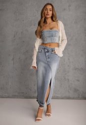 Niebieska Spódnica z Jeansu z Bawełną High Waist o Asymetrycznym Kroju Vikisla. Niebieskie spódnice Renee, l, bez wzorów, z bawełny, midi, asymetryczne. Za 119.99 zł.