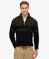 Superdry Sweter półgolf z półzamkiem w paski – 100% bawełna organiczna. Czarne swetry Superdry, m, bez wzorów, z bawełny, eleganckie, bez ramiączek. Za 378.95 zł.
