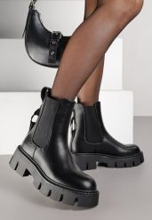 Czarne Botki Vices Sztyblety na Platformie Ozdobione Metaliczną Aplikacją Zaidera. Czarne botki Renee, z aplikacjami, eleganckie, bez obcasa, na platformie, bez zapięcia. Za 149.99 zł.
