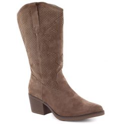 Kozaki damskie ażurowe kowbojki ciemny beż eVento 9450. Kozaki eVento, w ażurowe wzory, z nubiku, bez obcasa, bez zapięcia. Za 199.99 zł.