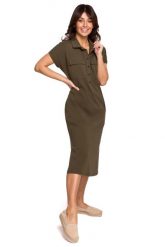 Sukienka w Klimacie Safari - Khaki. Brązowe sukienki Cud Moda, l, bez wzorów, z bawełny, wizytowe, bez kołnierzyka, bez ramiączek. Za 219.90 zł.