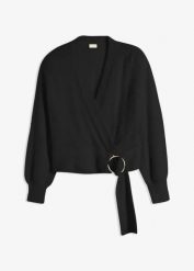 Sweter kopertowy z ozdobnym elementem. Białe swetry bonprix, bez wzorów, eleganckie, bez ramiączek. Za 149.99 zł.