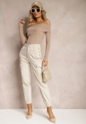 Jasnobeżowe Spodnie Bawełniane o Fasonie Bojówek High Waist z Guzikami Amatnosha. Brązowe jeansy Renee, na lato, l, bez wzorów, z bawełny, casualowe, z podwyższonym stanem, długie. W wyprzedaży za 111.99 zł.