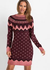 Sukienka dzianinowa w norweski wzór. Czerwone sukienki bonprix, bez wzorów, z dzianiny, eleganckie, bez kołnierzyka, bez ramiączek. Za 149.99 zł.