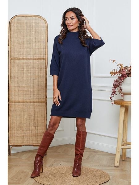 So Cachemire Sukienka dzianinowa "Major" w kolorze granatowym rozmiar: L. Niebieskie sukienki So Cachemire, na co dzień, l, bez wzorów, z dzianiny, bez kołnierzyka, bez ramiączek, midi, proste. Za 196.70 zł.