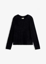 Sweter ażurowy z przędzy piórkowej. Czarne swetry bonprix, w ażurowe wzory, eleganckie, bez ramiączek. Za 109.99 zł.