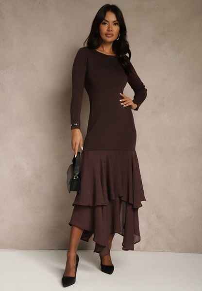 Brązowa Dopasowana Sukienka z Wiskozą Zdobiona Falbankami u Dołu Setra. Brązowe sukienki Renee, na spotkanie biznesowe, m, z aplikacjami, z wiskozy, eleganckie, bez kołnierzyka, bez ramiączek, maxi, dopasowane. Za 179.99 zł.