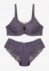 Fioletowy Koronkowy Komplet Majtki Figi i Biustonosz Eziselle. Fioletowe figi Renee, bez wzorów, z jeansu. Za 39.99 zł.