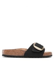 Birkenstock Klapki Madrid Big Buckle 1023373 Czarny. Czarne klapki Birkenstock, bez wzorów, z nubiku, bez obcasa, bez zapięcia. Za 539.99 zł.