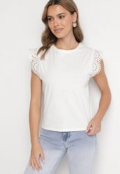 Biała Bluzka Oversize z Bawełny z Koronkowymi Krótkimi Rękawami Nalavirae. Białe bluzki Born2be, m, z aplikacjami, z bawełny, casualowe, bez kołnierzyka, bez ramiączek. Za 59.99 zł.