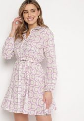 Fioletowo-Beżowa Bawełniana Sukienka Mini w Geometryczny Wzór Frenia. Fioletowe sukienki Born2be, l, bez wzorów, z bawełny, eleganckie, bez kołnierzyka, bez ramiączek, mini, koszulowe. W wyprzedaży za 55.24 zł.