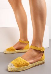Żółte Płaskie Ażurowe Espadryle na Plecionej Podeszwie Mallerena. Żółte espadryle Born2be, w ażurowe wzory, eleganckie, bez obcasa, na obcasie. Za 89.99 zł.
