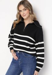 Czarno-Biały Golf Sweter Zapinany na Suwak w Paski Sakine. Czarne swetry Born2be, m, bez wzorów, bez ramiączek. W wyprzedaży za 110.49 zł.
