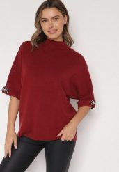 Bordowy Sweter Ozdobiony na Rękawach Cyrkoniami Aletusa. Czerwone swetry Born2be, z aplikacjami, z jeansu, eleganckie, bez ramiączek. Za 99.99 zł.