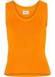 Lekki top dzianinowy z dekoltem w serek. Brązowe topy bonprix, bez wzorów, z dzianiny, bez kołnierzyka, bez ramiączek. Za 62.99 zł.