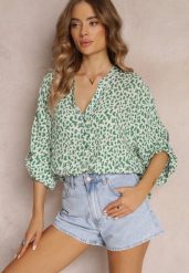 Zielona Rozszerzana Bluzka w Kwiaty z Rękawem 3/4 z Wiskozy Alethi. Zielone bluzki Renee, plus size, bez wzorów, z wiskozy, bez kołnierzyka, plus size, bez ramiączek. W wyprzedaży za 63.99 zł.
