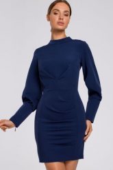 Elegancka sukienka z marszczeniami i bufiastymi rękawami granat. Sukienki Sukienki.shop, do pracy, xl, bez wzorów, z elastanu, biznesowe, bez kołnierzyka, bez ramiączek, mini. Za 379.00 zł.