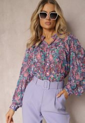 Niebiesko-Fioletowa Koszula w Kwiatowy Wzór z Prześwitującej Tkaniny Omertala. Niebieskie koszule Renee, l, bez wzorów, z jeansu, eleganckie, bez kołnierzyka, bez ramiączek. W wyprzedaży za 99.99 zł.