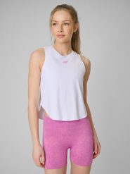 4F Top treningowy szybkoschnący damski - biały M. Białe topy 4f, m, bez wzorów, biznesowe, bez kołnierzyka, bez ramiączek. Za 119.99 zł.