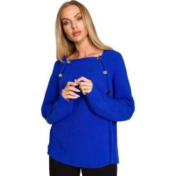 Sweter z Metalowymi Guzikami - Szafirowa. Niebieskie swetry MOE, l, bez wzorów, z materiału, bez ramiączek. Za 254.90 zł.