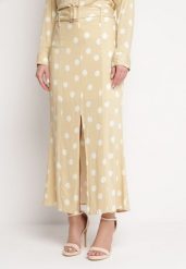 Beżowa Spódnica Midi w Kropki z Paskiem w Komplecie Mivema. Brązowe spódnice Born2be, l, bez wzorów, z materiału, eleganckie, midi. Za 119.99 zł.