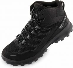 Damskie buty outdoorowe Merrell Speed strike Mid Gtx w kolorze czarnym. Czarne trekkingi Merrell, bez wzorów, z gore-texu, za kostkę, bez zapięcia, wspinaczkowe, gore-tex. Za 664.99 zł.