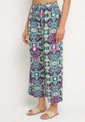 Zielono-Różowe Spodnie Szerokie z Bawełny w Etno Print Tolivenna. Zielone jeansy Born2be, bez wzorów, z bawełny, eleganckie. Za 49.99 zł.