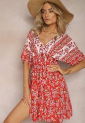 Pomarańczowa Krótka Sukienka z Wiskozy w Kwiaty z Gumką w Talii i Rękawami Nietoperz Uilena. Brązowe sukienki Renee, l, bez wzorów, z wiskozy, bez kołnierzyka, bez ramiączek, mini. W wyprzedaży za 45.49 zł.
