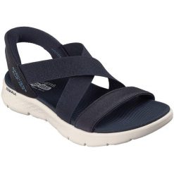 Sandały damskie Skechers Go Walk Flex Sandal Glimmer. Niebieskie sandały Skechers, bez wzorów, z materiału, bez obcasa, bez zapięcia. Za 490.00 zł.