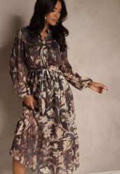 Szara Sukienka o Rozkloszowanym Kroju z Wiązanym Paskiem i Metaliczną Nicią Nalimirae. Szare sukienki Renee, na co dzień, l, bez wzorów, z elastanu, bez kołnierzyka, bez ramiączek, maxi, rozkloszowane. Za 139.99 zł.